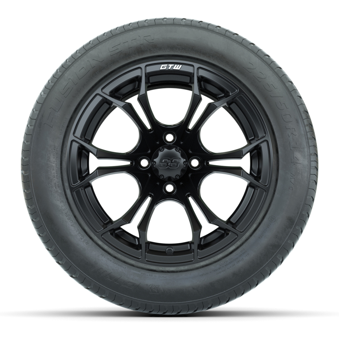 GTW® Spyder Matte Black 14 in Wheels with 255/50-R14 Fusion STR DOT Approved Street Tires - Full Set