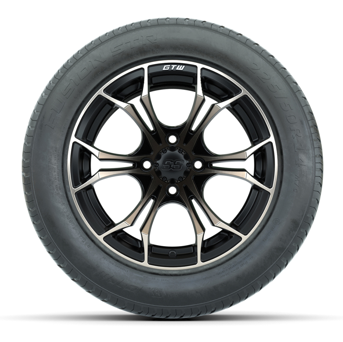 GTW® Spyder Matte Black and Bronze 14 in Wheels with 255/50-R14 Fusion STR DOT Approved Street Tires - Full Set