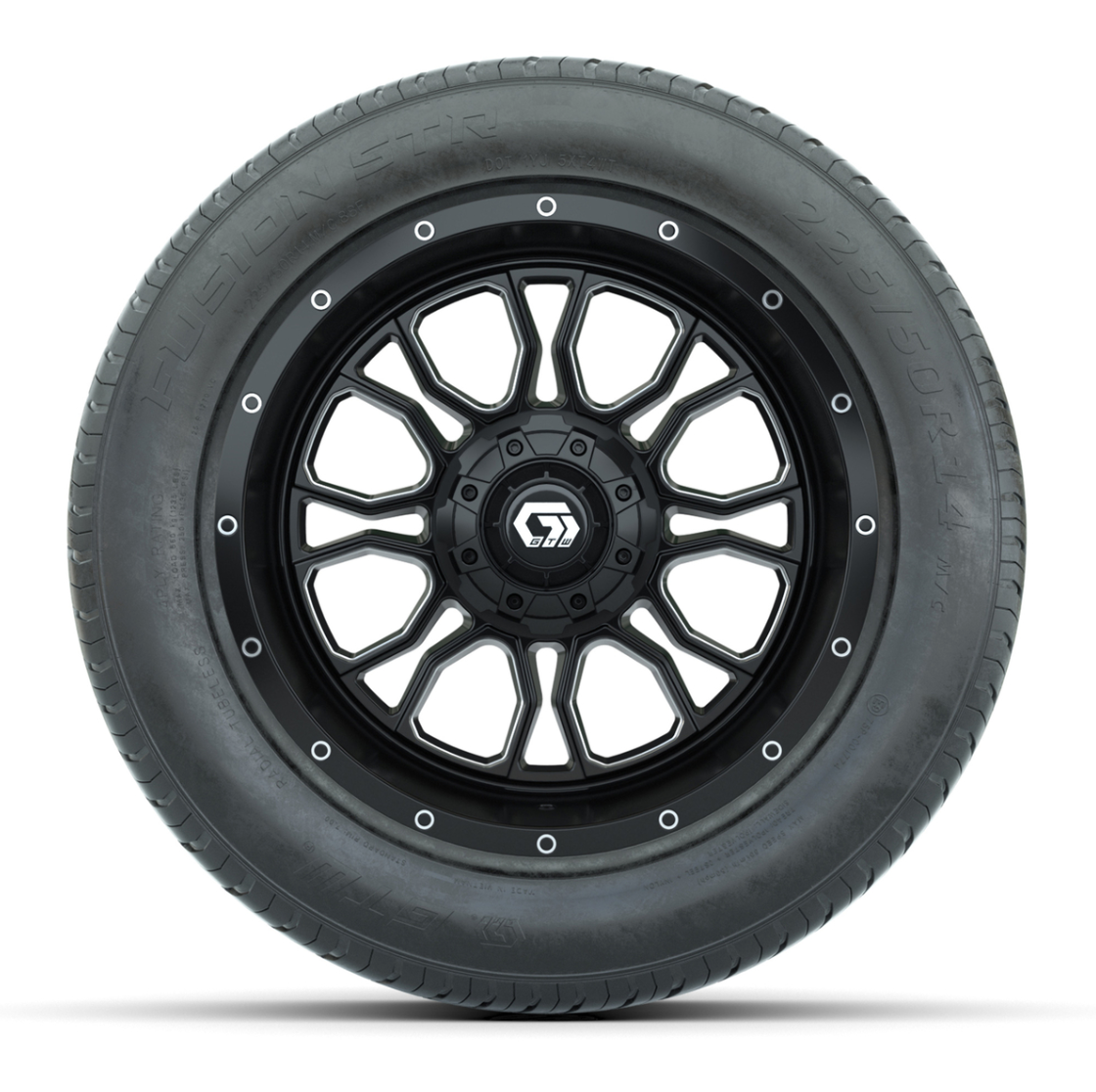 GTW® Volt Black and Machined 14 in Wheels with 255/50-R14 Fusion STR DOT Approved Street Tires - Full Set