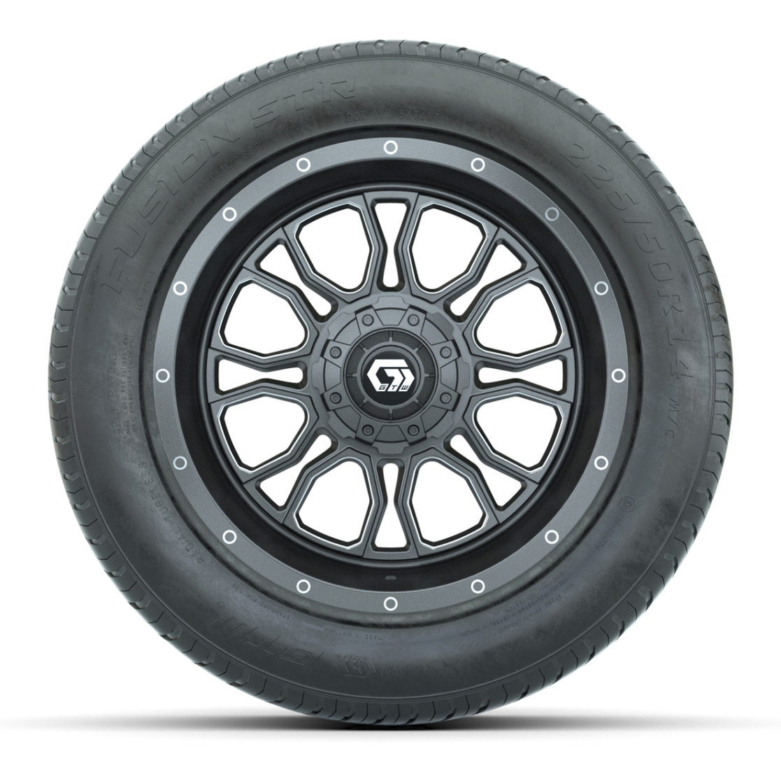 GTW® Volt Gunmetal and Machined 14 in Wheels with 255/50-R14 Fusion STR DOT Approved Street Tires - Full Set