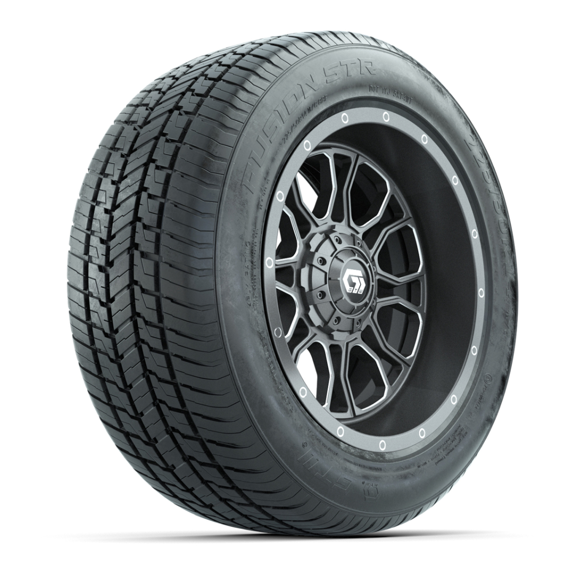 GTW® Volt Gunmetal and Machined 14 in Wheels with 255/50-R14 Fusion STR DOT Approved Street Tires - Full Set