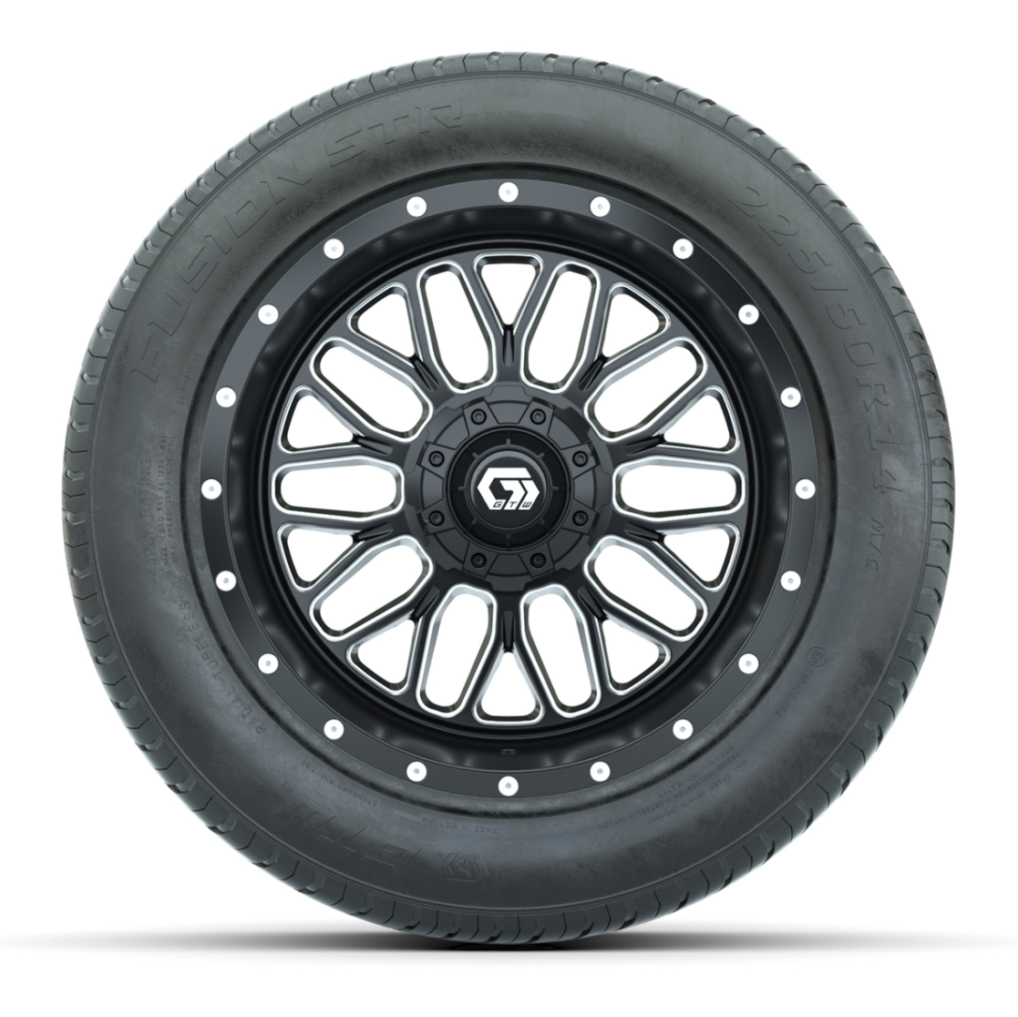 GTW® Helix Black and Machined 14 in Wheels with 255/50-R14 Fusion STR DOT Approved Street Tires - Full Set