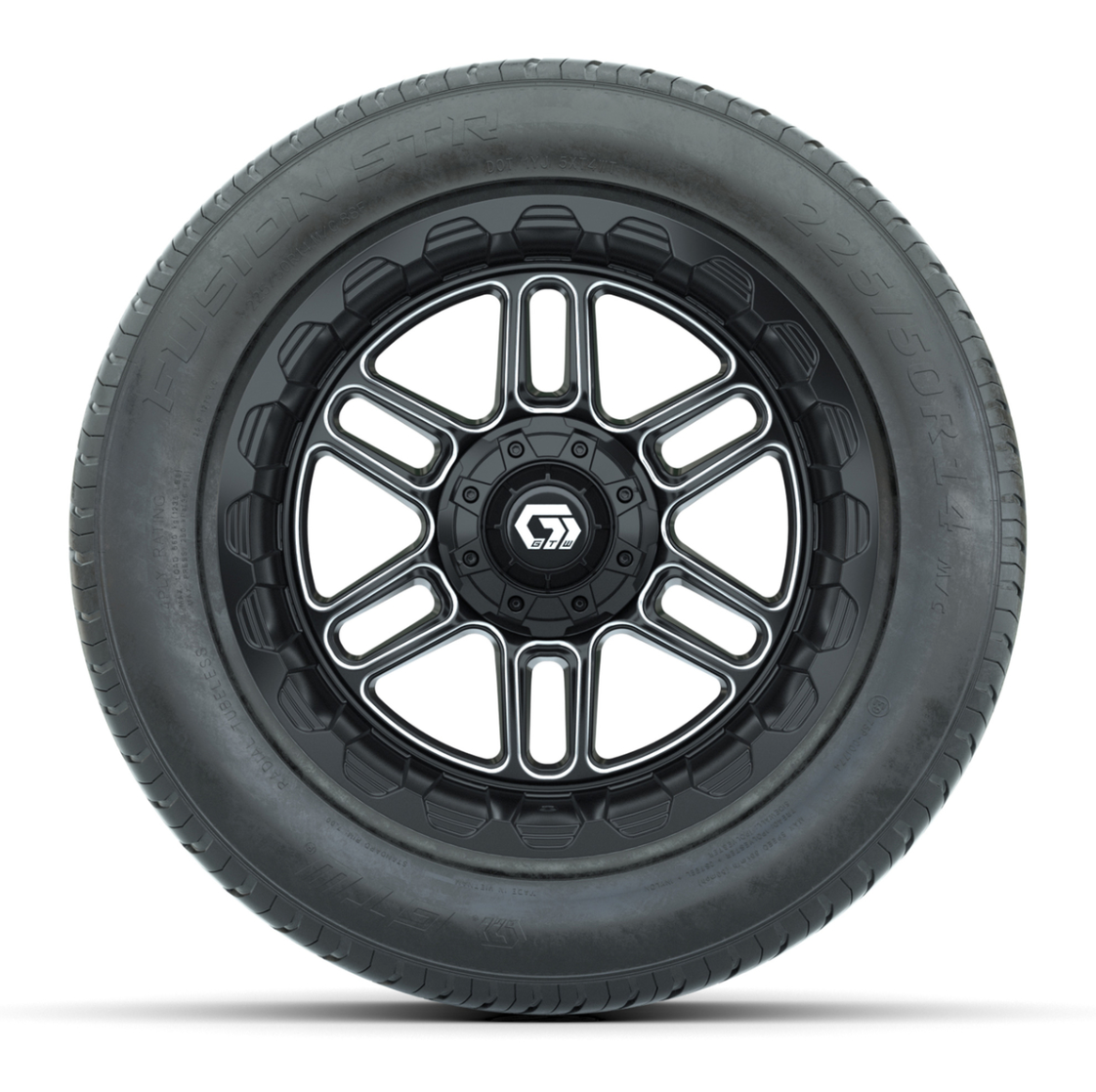 GTW® Titan Black and Machined 14 in Wheels with 255/50-R14 Fusion STR DOT Approved Street Tires - Full Set