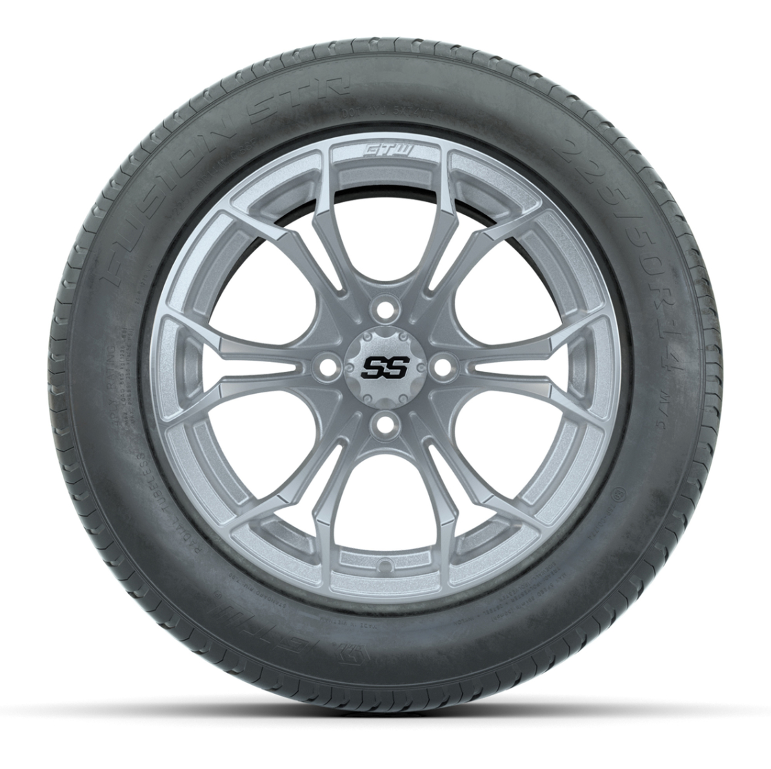 GTW® Spyder Matte Silver and Machined 14 in Wheels with 255/50-R14 Fusion STR DOT Approved Street Tires - Full Set