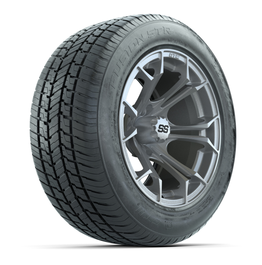 GTW® Spyder Matte Silver and Machined 14 in Wheels with 255/50-R14 Fusion STR DOT Approved Street Tires - Full Set