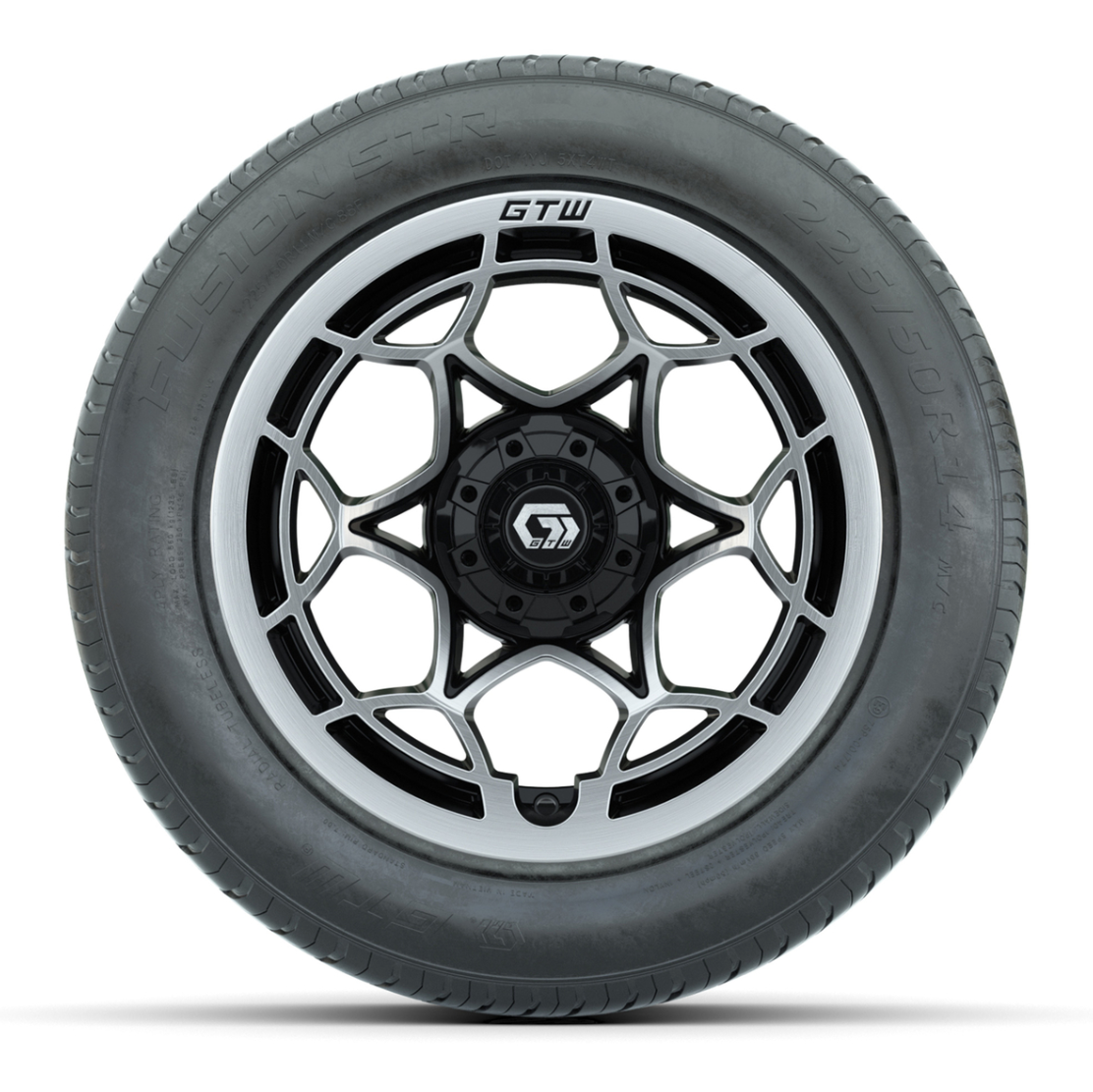 GTW® Nexus Gloss Black and Silver 14 in Wheels with 255/50-R14 Fusion STR DOT Approved Street Tires - Full Set