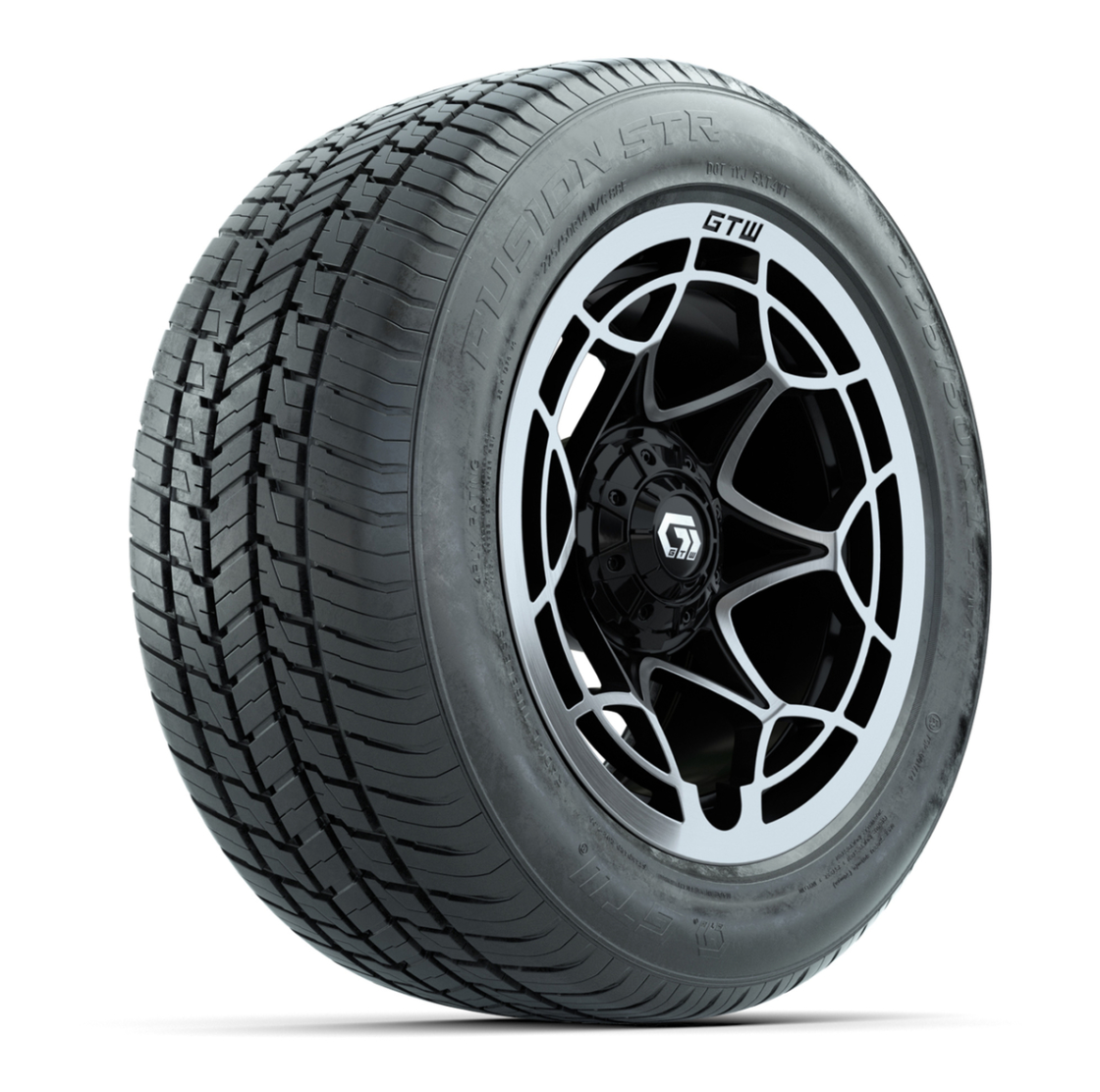 GTW® Nexus Gloss Black and Silver 14 in Wheels with 255/50-R14 Fusion STR DOT Approved Street Tires - Full Set