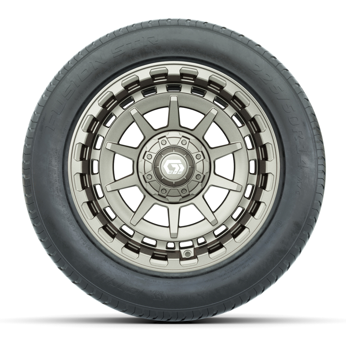 GTW® Barricade Satin Bronze 14 in Wheels with 255/50-R14 Fusion STR DOT Approved Street Tires - Full Set