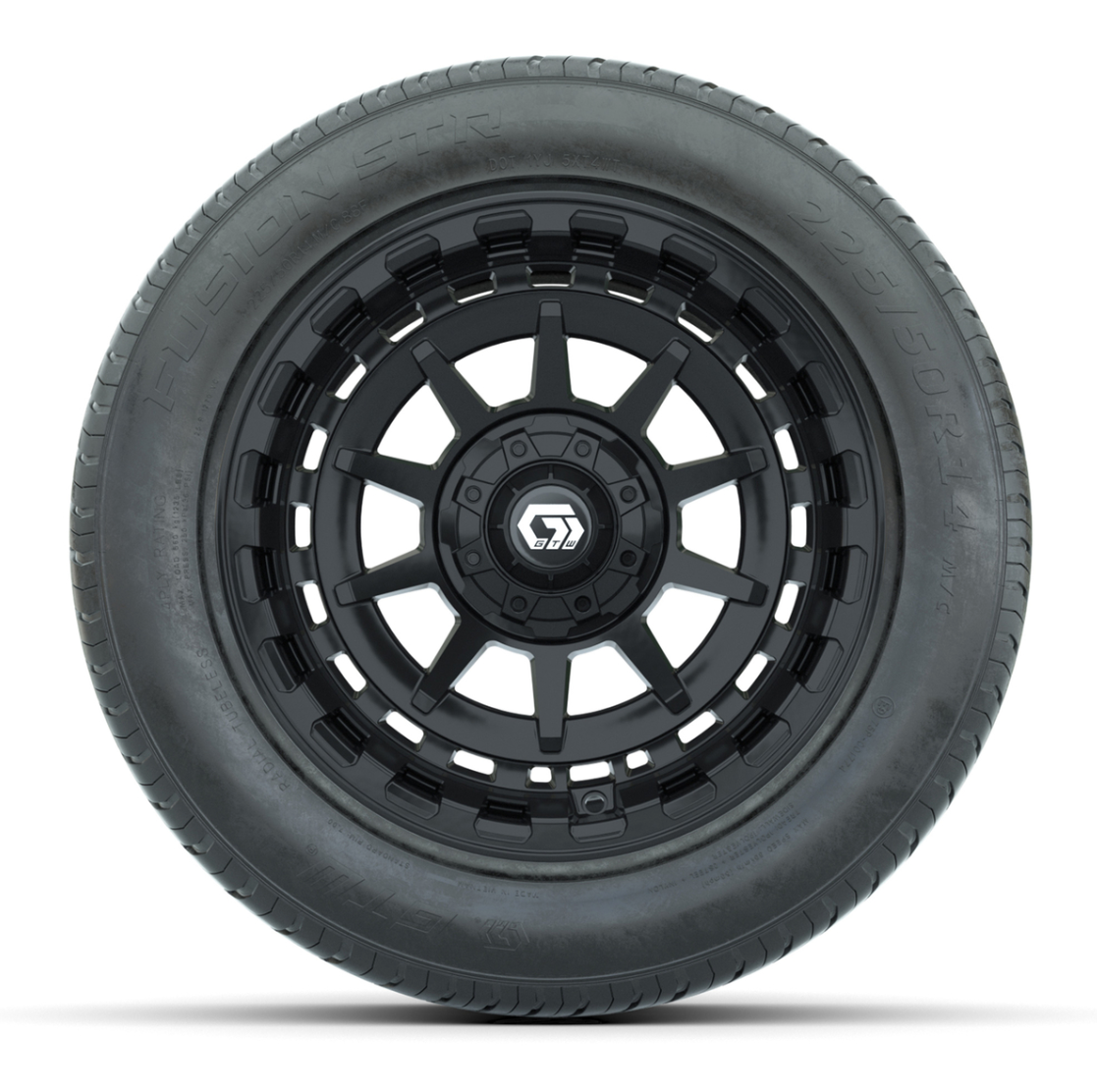 GTW® Barricade Gloss Black 14 in Wheels with 255/50-R14 Fusion STR DOT Approved Street Tires - Full Set
