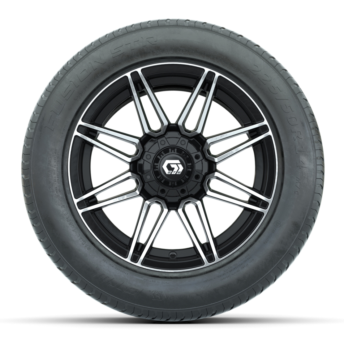 GTW® Stealth Gloss Black and Machined 14 in Wheels with 255/50-R14 Fusion STR DOT Approved Street Tires - Full Set