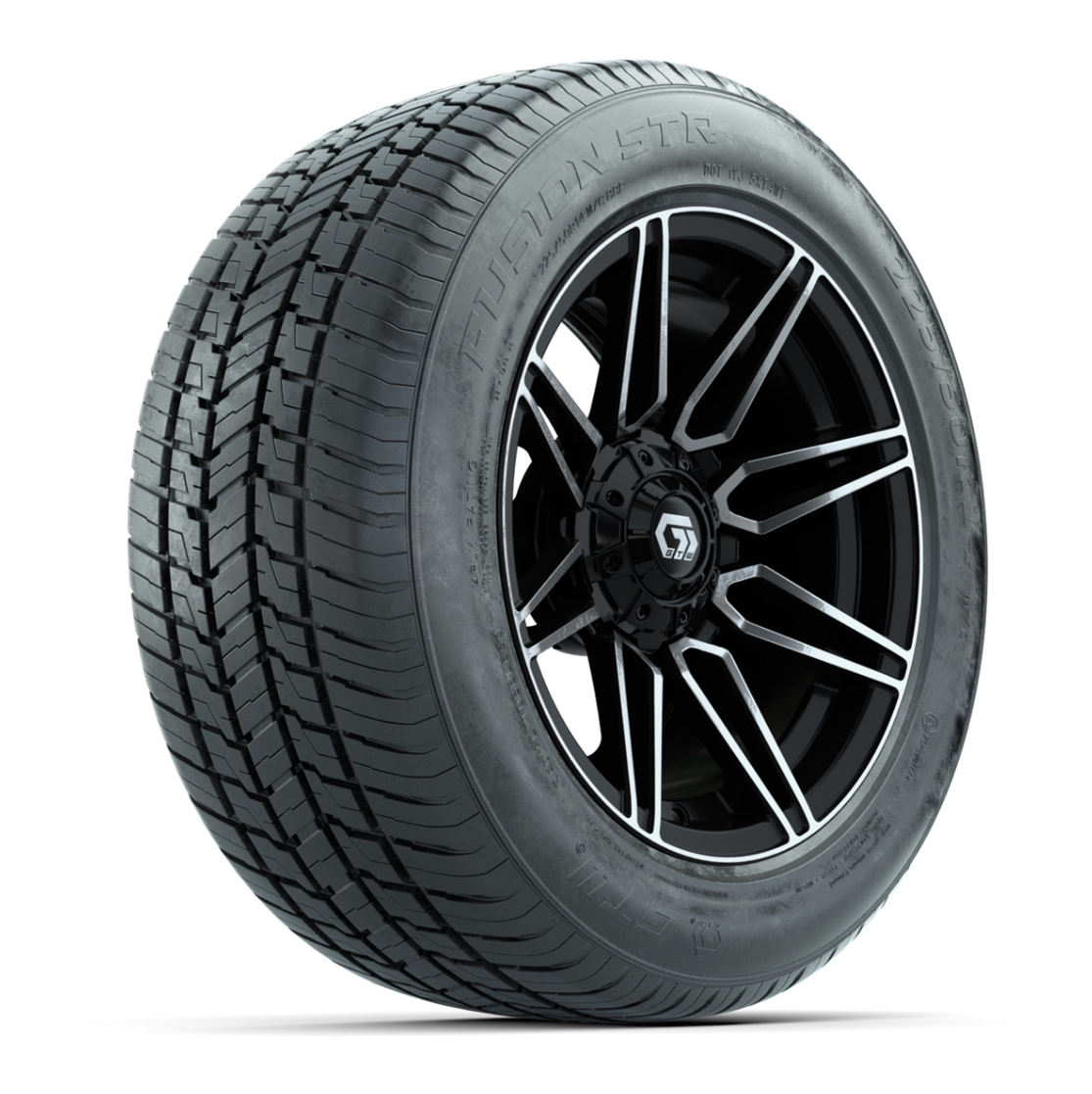 GTW® Stealth Gloss Black and Machined 14 in Wheels with 255/50-R14 Fusion STR DOT Approved Street Tires - Full Set