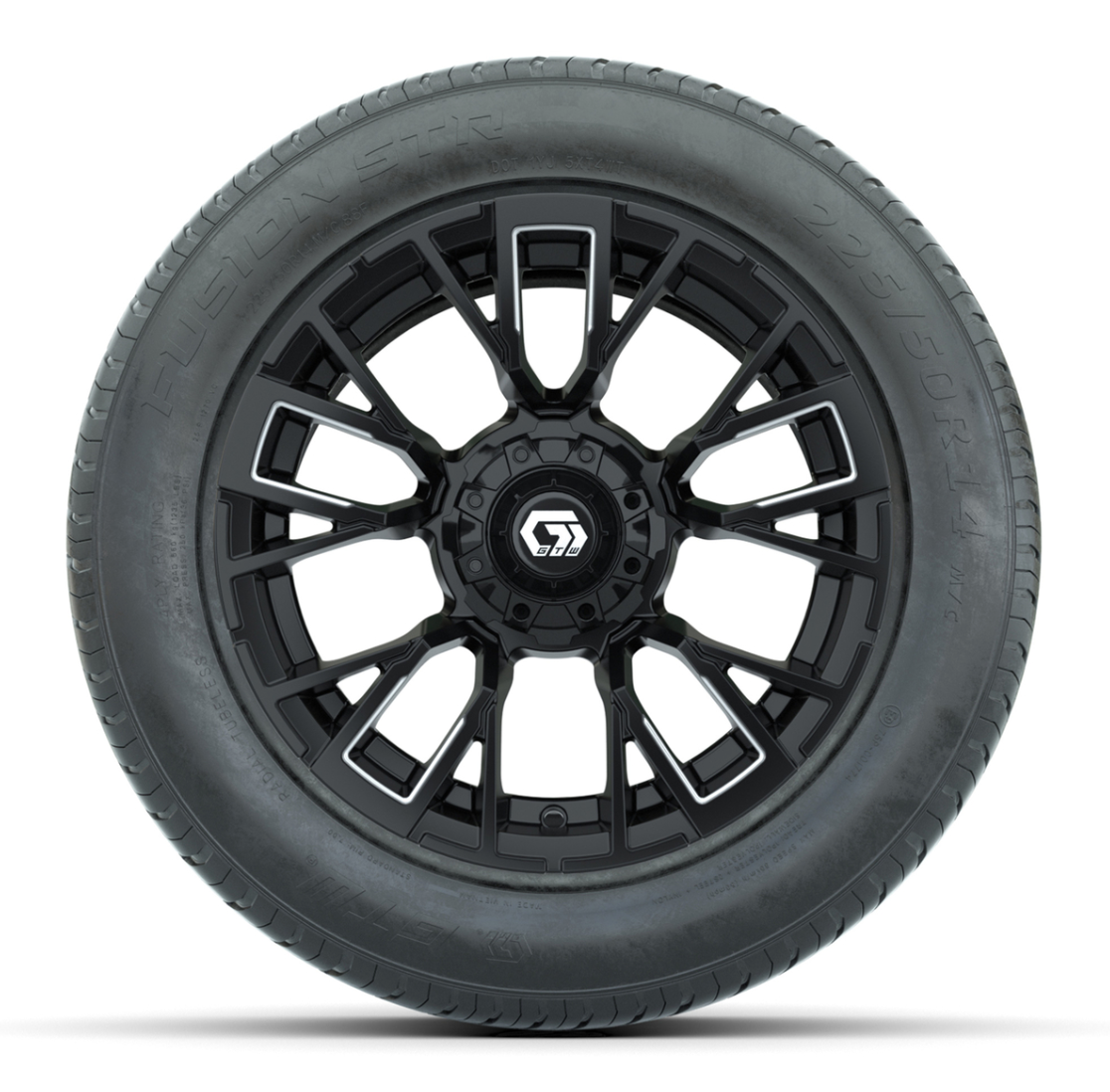 GTW® Vandal Matte Black and Machined 14 in Wheels with 255/50-R14 Fusion STR DOT Approved Street Tires - Full Set