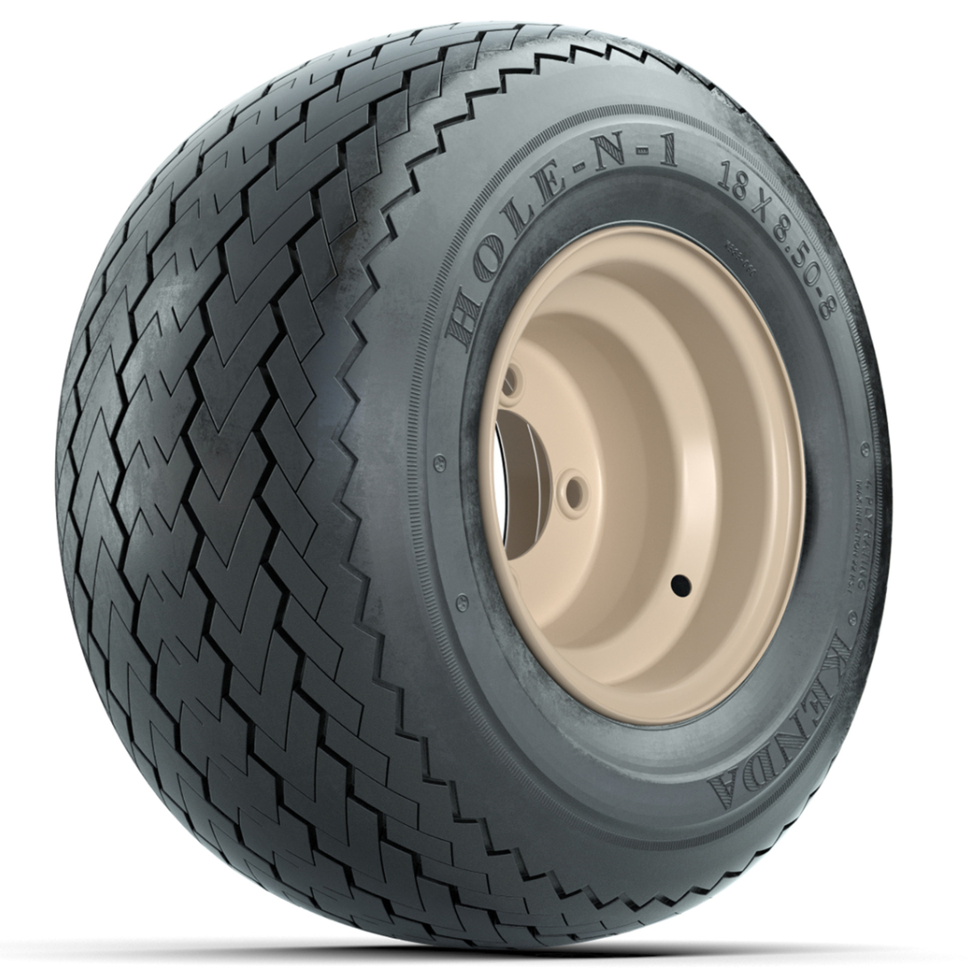 Set of (4) 8 in Beige Steel Wheels with 18 in Kenda Hole-N-1 Tires