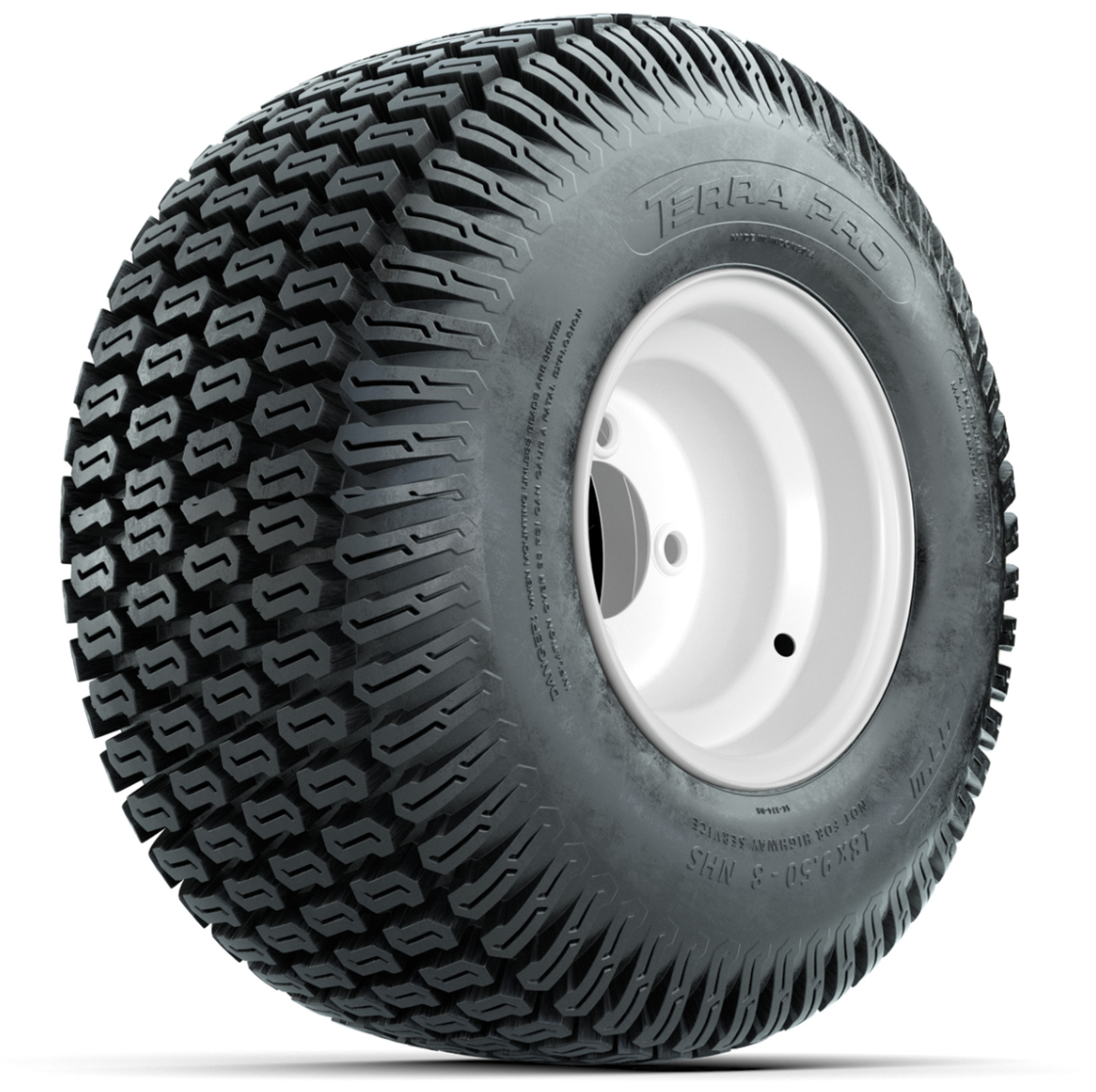 Set of (4) 8 in White Steel Wheels with 18 in GTW S-Tread Traction Tires