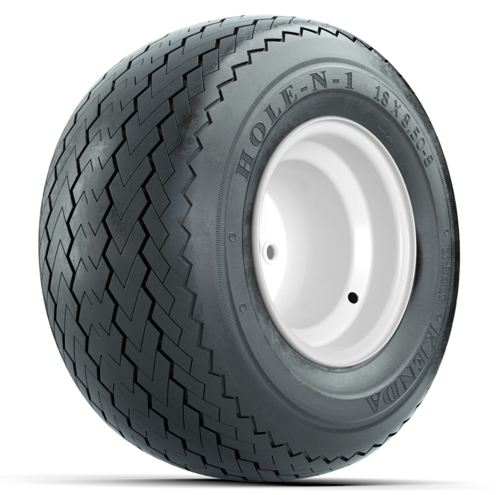 Set of (4) 8 in White Steel Offset Wheels with 18 in Kenda Hole-N-1 Tires