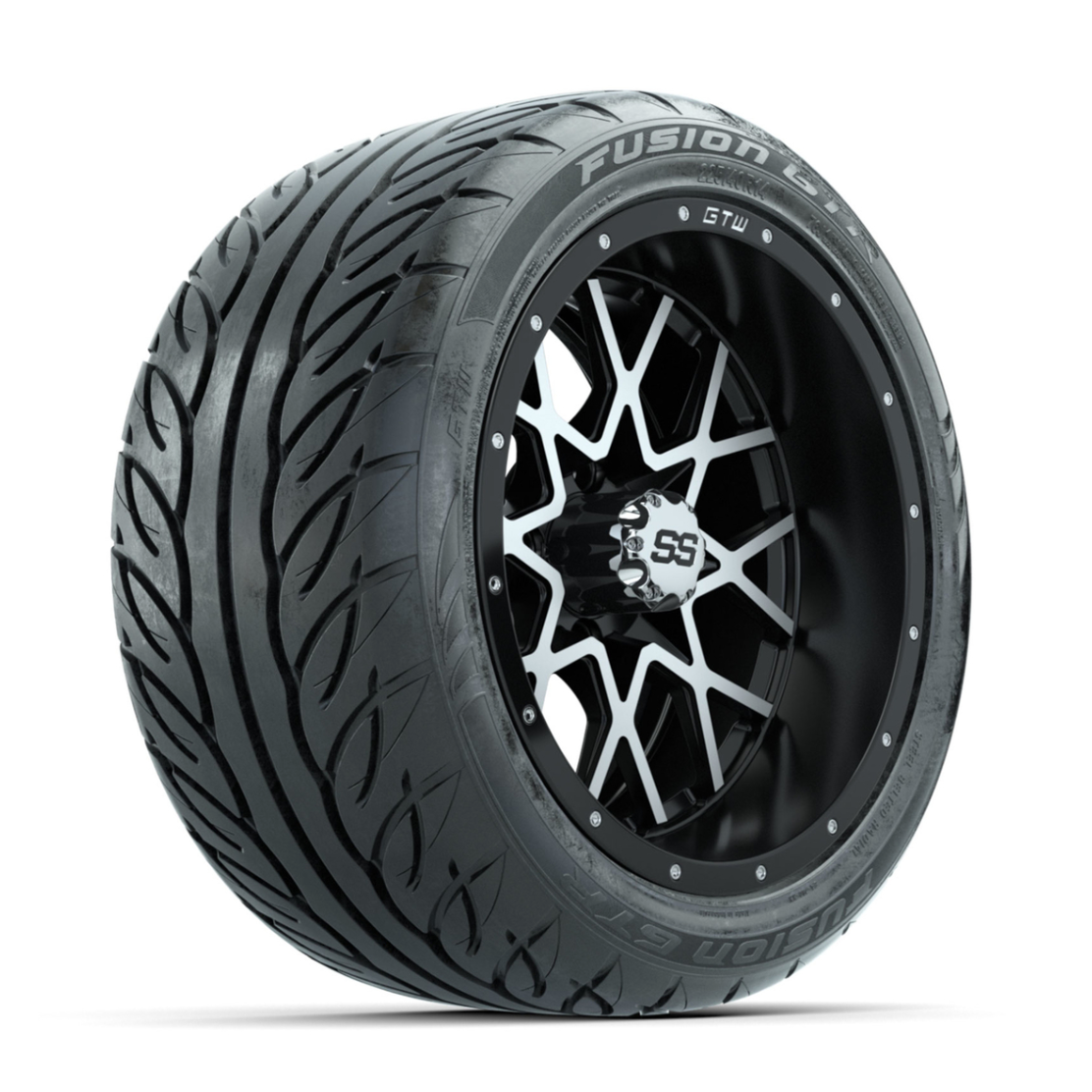 GTW Vortex Machined/Matte Black 14 in Wheels with 225/40-R14 Fusion GTR Street Tires – Full Set
