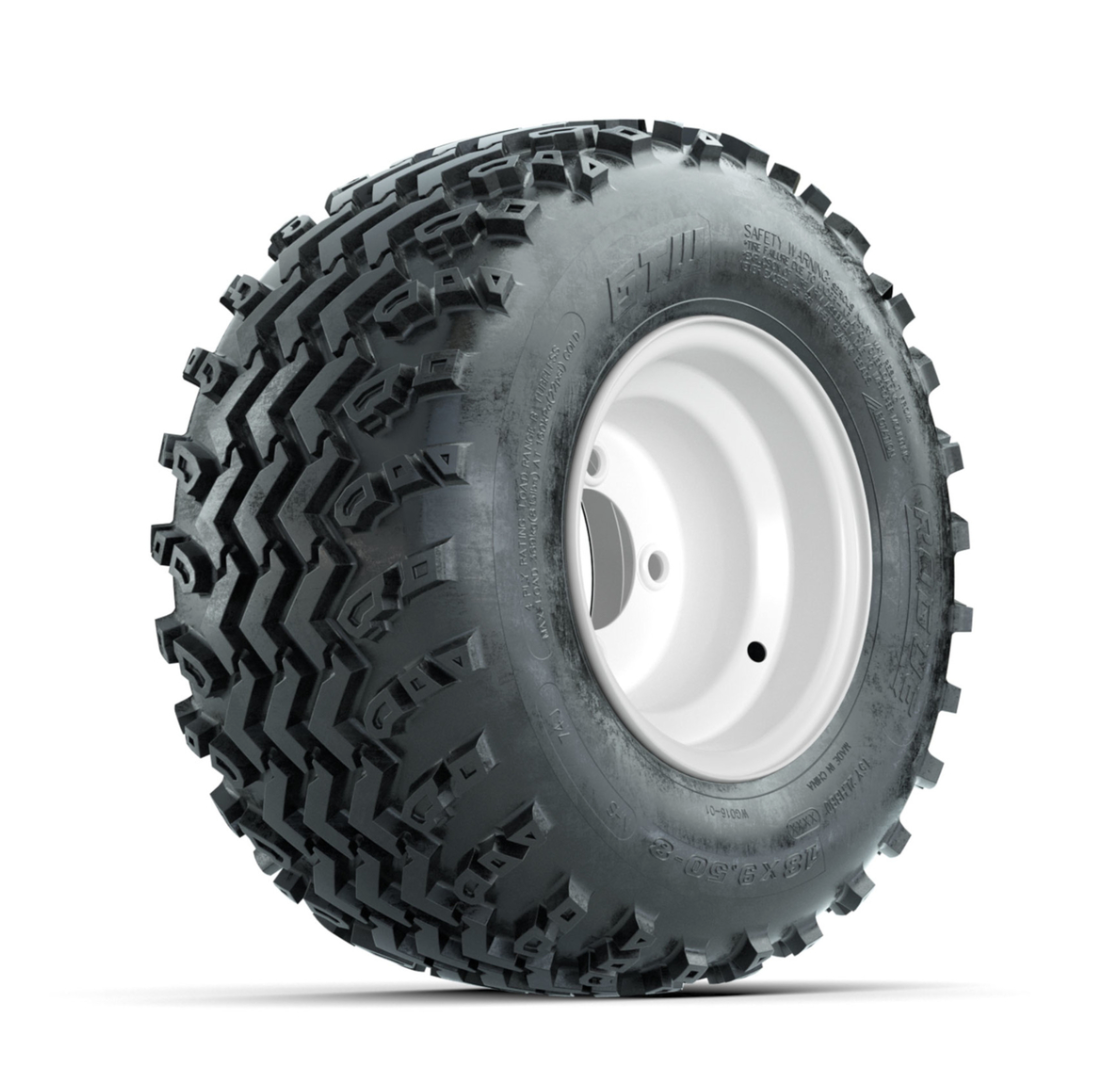 T&W Assy Set (4) 19-350 WHEEL/20-078 TIREGTW Steel White Centered 8 in Wheels with 18x9.50-8 Rogue All Terrain Tires – Full Set