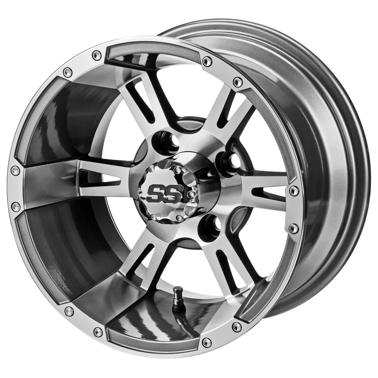 Revenge 14x7 Raptor Gun Metal Gray & Machined Golf Cart Wheel, 3:4 Offset