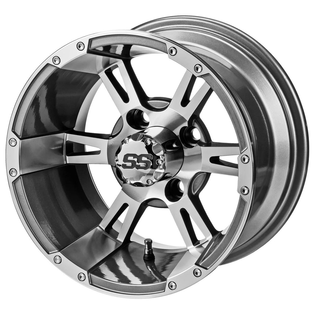 Revenge 14x7 Raptor Gun Metal Gray & Machined Golf Cart Wheel, 3:4 Offset