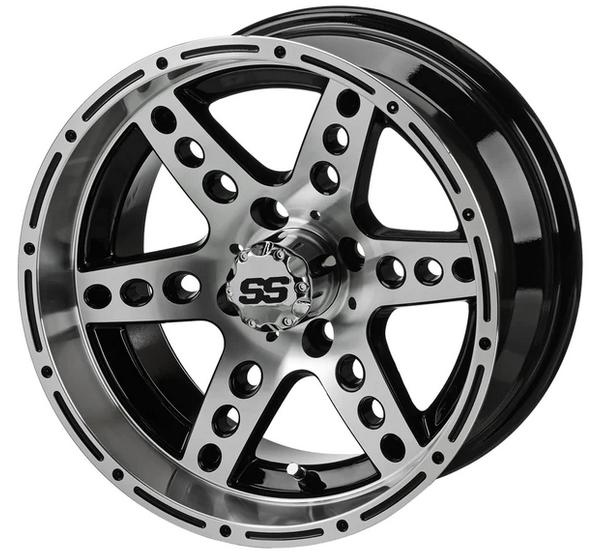 Revenge 14x7 Chaos Black & Machined Golf Cart Wheel, 3:4 Offset