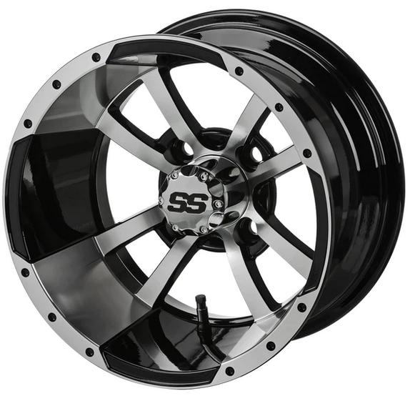 Revenge 14x7 Maltese Cross Black & Machined Golf Cart Wheel, 3:4 Offset