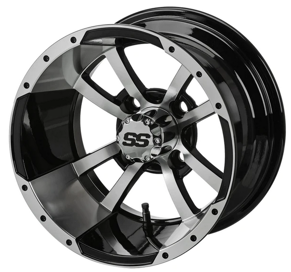 Revenge 15x7 Maltese Black & Machined Golf Cart Wheel, 3:4 Offset