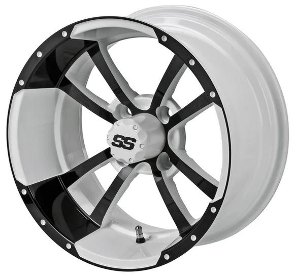 Revenge 14x7 Maltese Cross Black & White Golf Cart Wheel, 3:4 Offset
