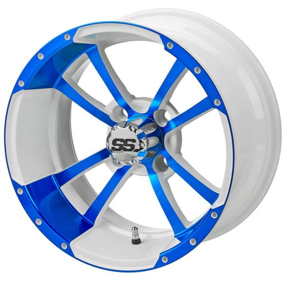 Revenge 14x7 Maltese Cross Blue & White Golf Cart Wheel, 3:4 Offset
