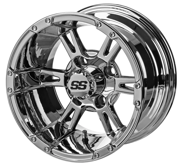 Revenge 14x7 Raptor Chrome Mirror Golf Cart Wheel, 3:4 Offset