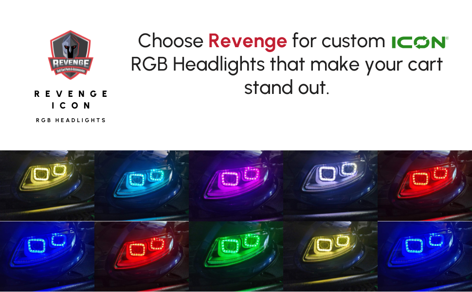 Revenge LED Headlights with RGB Bluetooth Accent Lights for ICON EV Golf Carts (Not for ICON X)