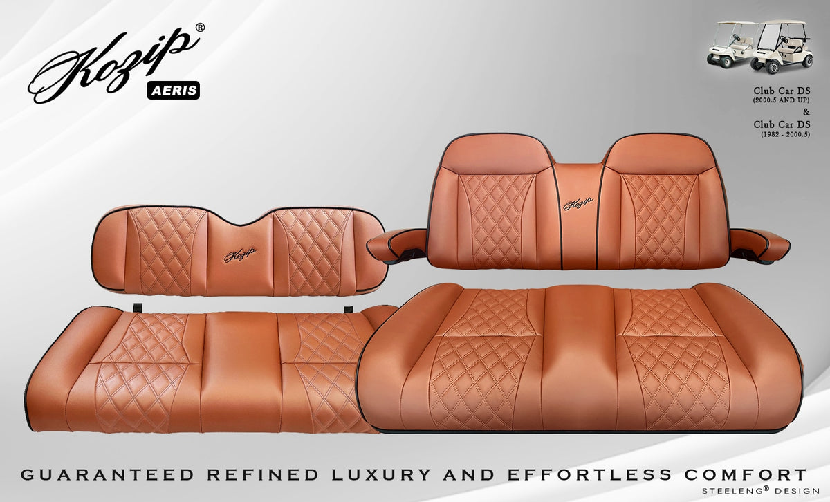 BNDL-SCDS09-SFDS09-SC0032 – Kozip (AERIS) Front and Rear Seat Cushion Set with NOMAD Seat frame for Club Car DS (2000.5-2013) – Brown Base with Black Piping with Brown Stitching