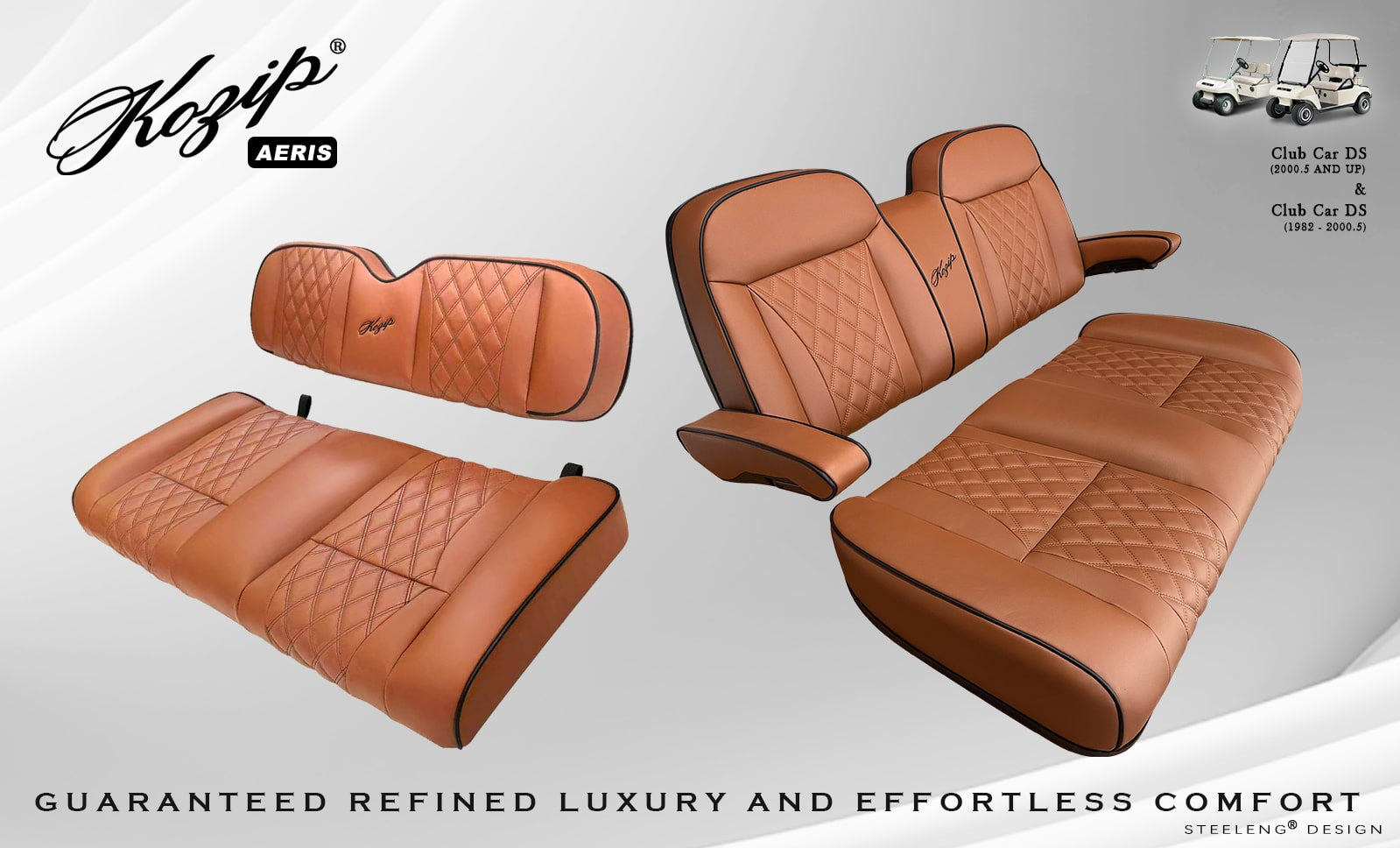 BNDL-SCDS09-SFDS09-SC0032 – Kozip (AERIS) Front and Rear Seat Cushion Set with NOMAD Seat frame for Club Car DS (2000.5-2013) – Brown Base with Black Piping with Brown Stitching