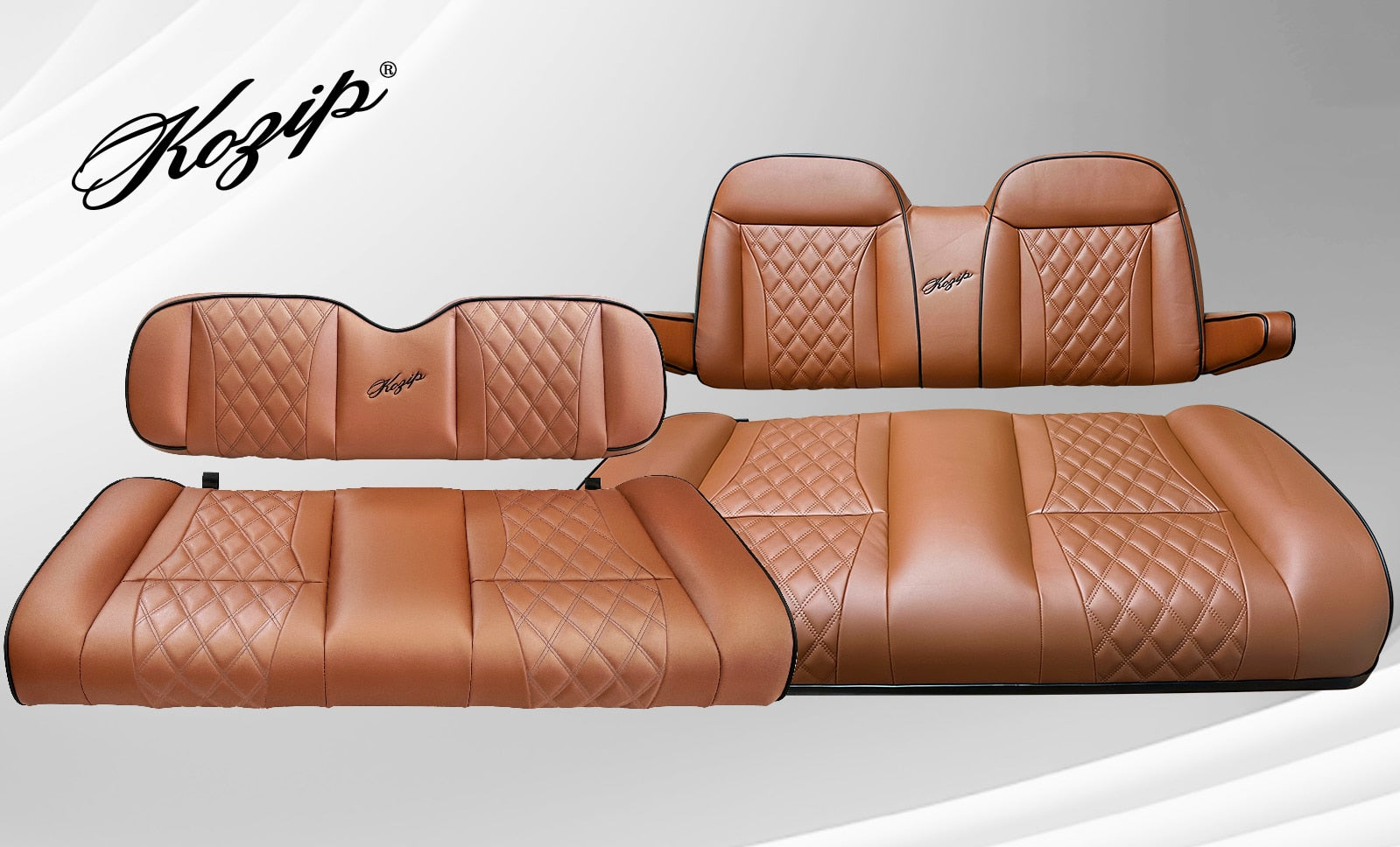BNDL-SCTR12-SFTX09-SC0032 – Kozip (AERIS) Front and Rear Seat Cushion Set with NOMAD Seat frame for EZGO RXV – Brown Base with Black Piping with Brown Stitching