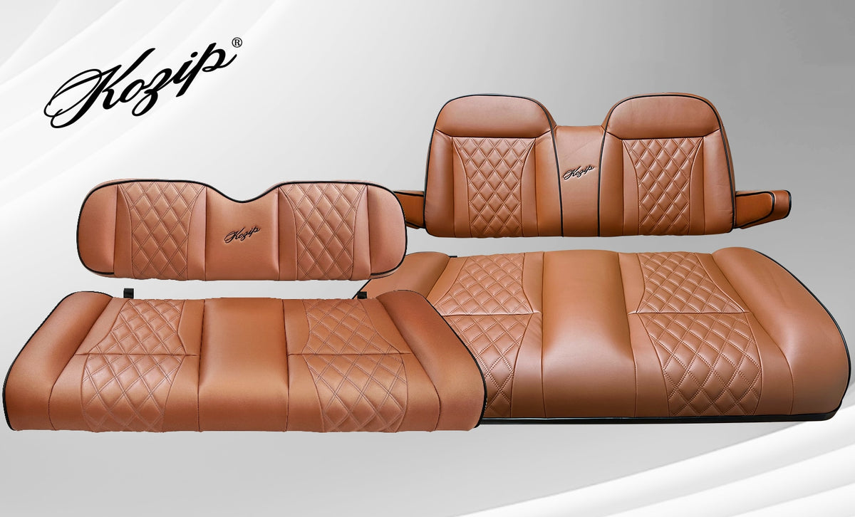 BNDL-SCTR12-SFTX09-SC0032 – Kozip (AERIS) Front and Rear Seat Cushion Set with NOMAD Seat frame for EZGO RXV – Brown Base with Black Piping with Brown Stitching