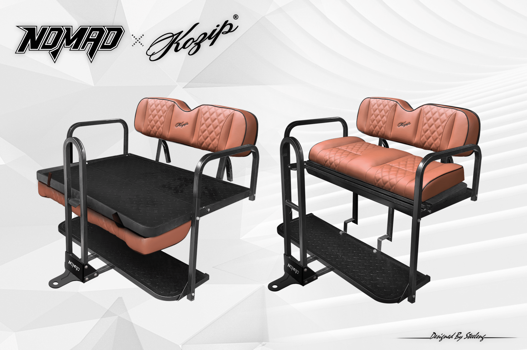 BNDL-SCTR12-SFTX09-SC0032 – Kozip (AERIS) Front and Rear Seat Cushion Set with NOMAD Seat frame for EZGO RXV – Brown Base with Black Piping with Brown Stitching