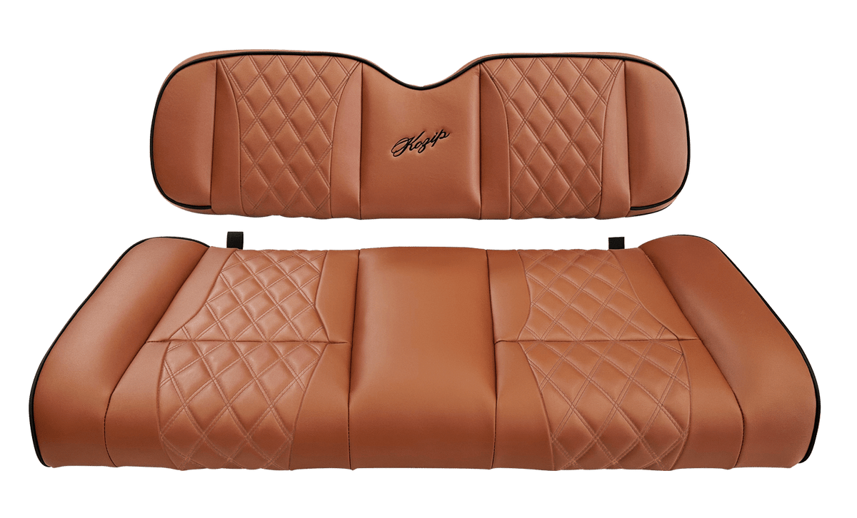BNDL-SCTR12-SFTX09-SC0032 – Kozip (AERIS) Front and Rear Seat Cushion Set with NOMAD Seat frame for EZGO RXV – Brown Base with Black Piping with Brown Stitching