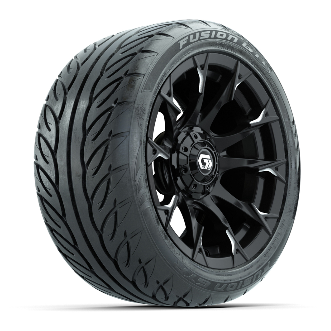 GTW® Diablo Gloss Black/Machined 14 in Wheels with 225/40-R14 Fusion GTR Steel Belt Radial Street Tires – Full Set