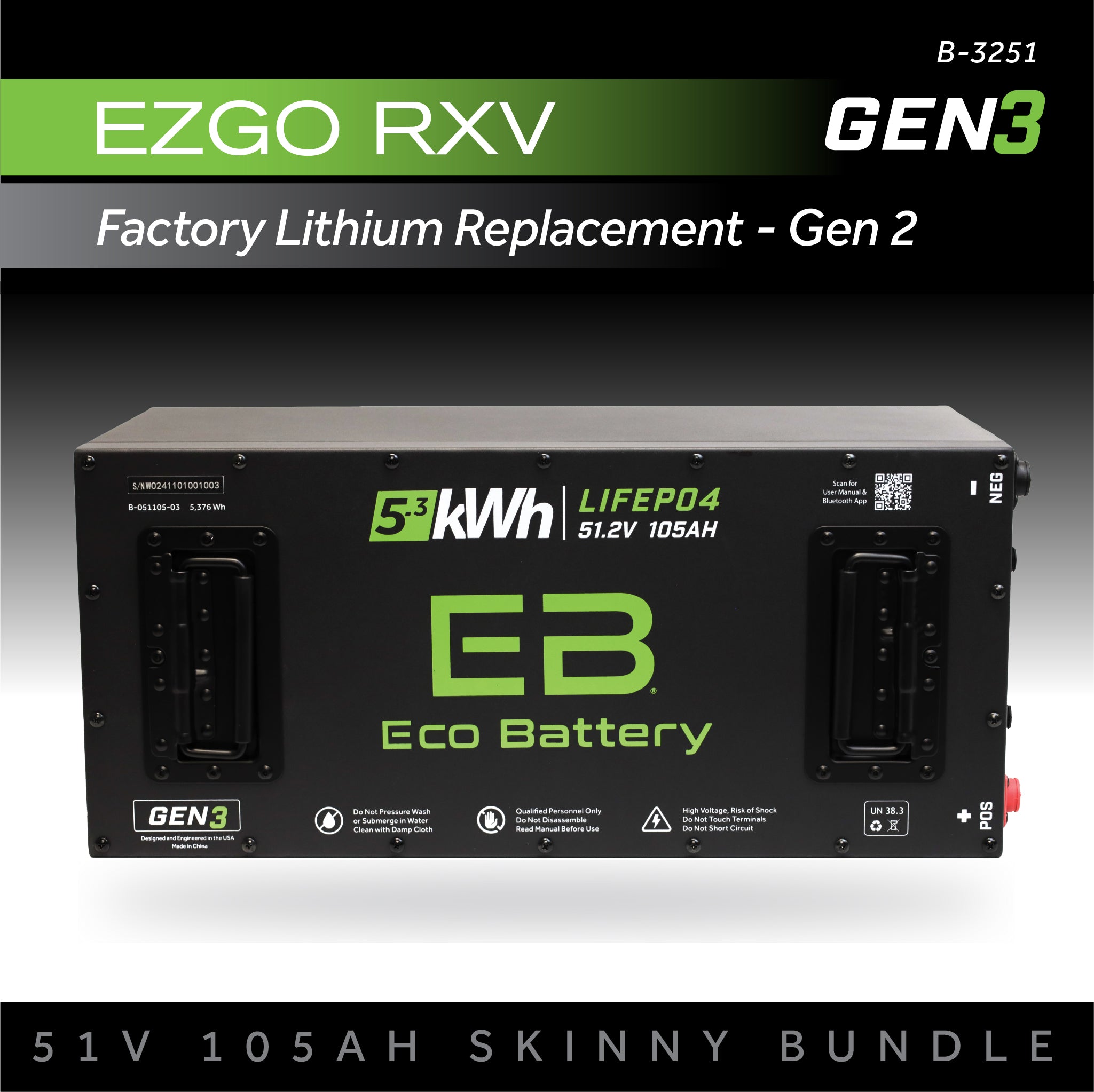 Eco Battery 51V 105AH Skinny Battery Bundle / EZGO RXV Samsung Gen2 (2022+)
