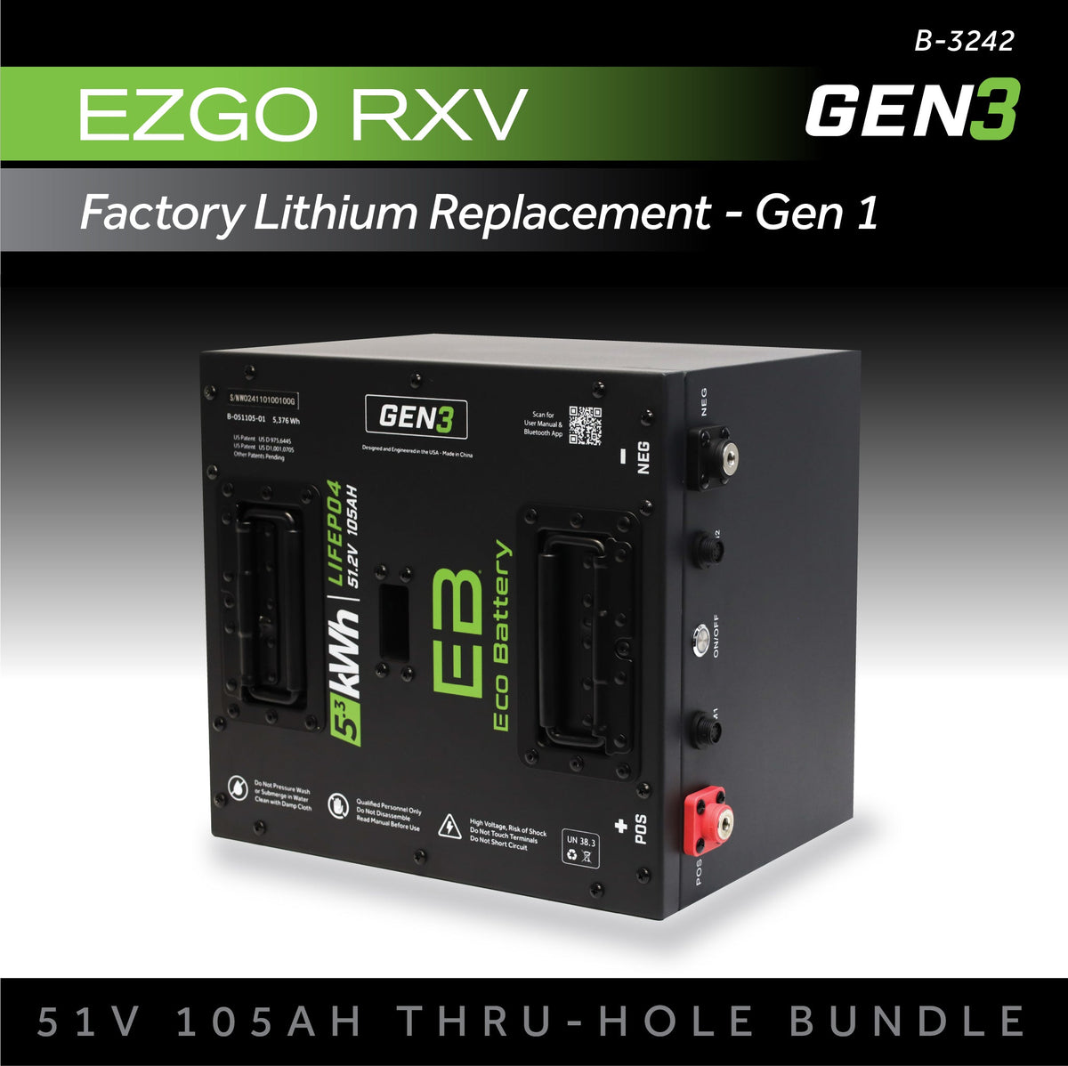 Eco Battery 51V 105AH Thru-Hole Battery Bundle / EZGO RXV Samsung Gen1 (2017-2021)